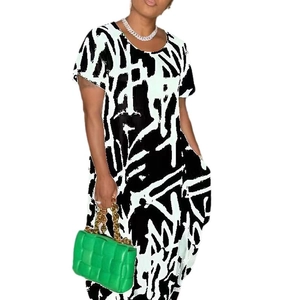 Classic summer maxi dress with black and white graffiti print and short sleeves