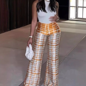 Pantalon Évasé à Carreaux Taille Haute Grande Taille Femme Pantalon Large Décontracté Imprimé Géométrique Orange et Blanc
