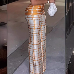 Pantalon femme taille haute et jambe large avec motif à carreaux orange et blanc