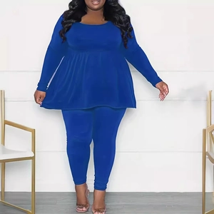 Royal blue long sleeve crew neck two-piece set with pleated waist and matching pants