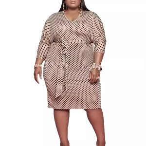 Plus size apricot V-neck polka dot dress with waist tie and three-quarter sleeves