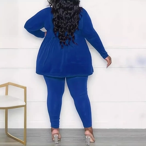 Royal blue long sleeve plus size two-piece set with crew neck and elastic skinny pants