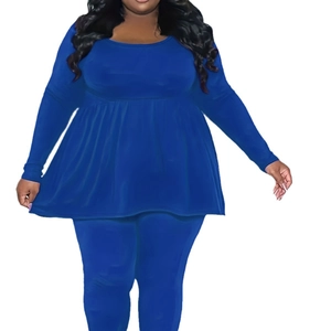 Royal blue plus size two-piece set featuring long sleeve pleated hem top and slim pants