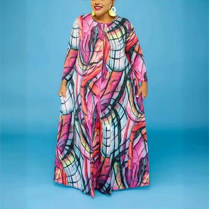 Damen Plus Size Abstrakt Druck Maxi Kleid Langarm Rundhalsausschnitt Casual Locker Boho Stil Elegant Langes Kleid Mit Taschen