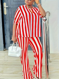 Vertical red and white striped two-piece set featuring short-sleeve top and wide-leg trousers