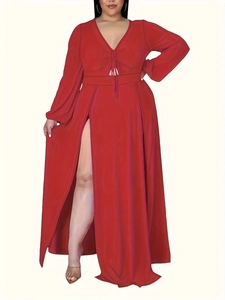 Detail of red deep V-neck maxi dress with drawstring chest and high side slit