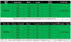 Size chart for oversized loose top with measurements in cm and inches for 1XL to 5XL