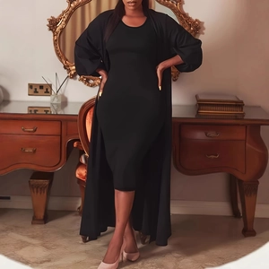 Plus Size Women Elegant Dress Set With Long Cardigan And Sleeveless Round Neck Maxi Dress Solid Color Formal Outfit