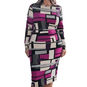 Abito aderente a maniche lunghe da donna con stampa geometrica e collo tondo