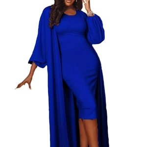 Elegant navy blue two-piece set featuring a slim-fit midi dress and a long duster cardigan