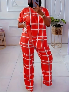 Women's casual two-piece set featuring a red and white grid print V-neck top and wide pants