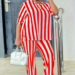 Women Plus Size Red White Vertical Striped Two-Piece Outfit Casual Short Sleeve Round Neck T-Shirt And Wide Leg Pants Fashion Suit