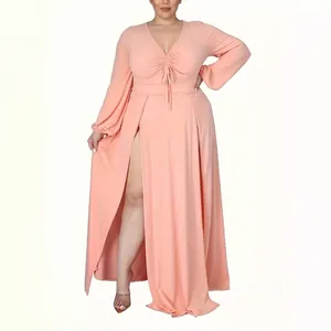 Peach plus size long sleeve dress with deep V-neck and sexy high side slit detail