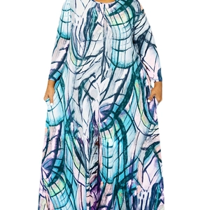 Damen Übergröße Maxikleid mit langen Ärmeln und blauem geometrischem Batikdruck