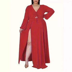 Red plus size long sleeve V-neck maxi dress with drawstring front and side slits