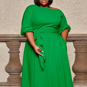 Vestito Maxi da Donna Taglie Forti Scollo a Barca Verde Elegante Manica a Sbuffo a Metà Grande Ampiezza Con Cintura e Tasche