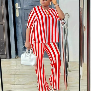 Red and white vertical stripe two-piece set with short sleeve top and wide leg pants