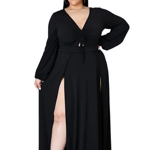 Sexy black long sleeve plus size maxi dress with deep V-neck and high side slits