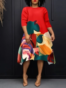 Red plus size A-line dress with colorful abstract print and half sleeves for women