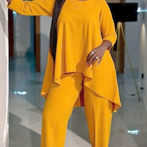 Femmes Grande Taille Décontracté Polyester Élasthanne Ourlet Irrégulier Haut à Manches Longues Et Pantalon Long Assorti Pour Mode Quotidienne