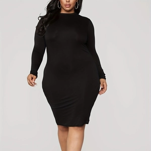 Robe Midi Moulante Grandes Tailles Femme Manches Longues Col Montant Sexy Coupe Slim Couleur Unie Élégante Robe Crayon