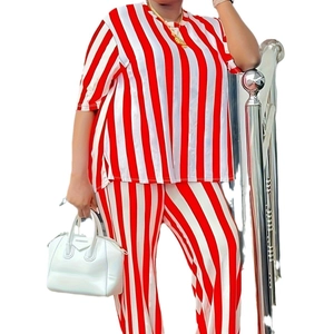 Women's casual red and white vertical striped two-piece set with short sleeve top and pants