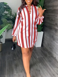 Women Plus Size Striped V Neck Shirt Dress Long Sleeve Casual Loose Fit Midi Dress Elegant Vertical Striped Fashion Dress