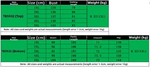 Size chart for colorful striped two-piece set featuring 1XL-5XL top and pants dimensions