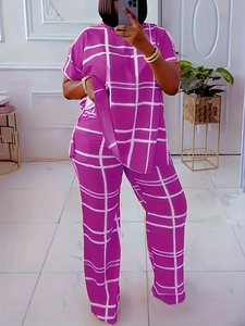 Women's casual purple plaid two-piece set featuring V-neck short sleeve top and wide pants