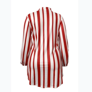 Back view of a red and white vertical striped long sleeve casual shirt dress with puff sleeves