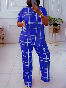 Women's casual two-piece set featuring dark blue plaid print top and wide-leg trousers
