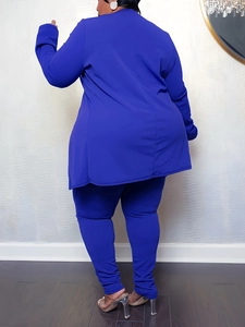 Women's plus size two-piece set featuring long sleeve V-neck top and leggings in navy blue