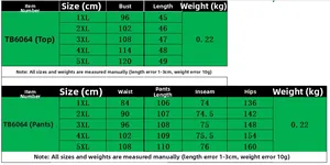 Detailed size chart for two-piece plus size casual set including top and pants dimensions