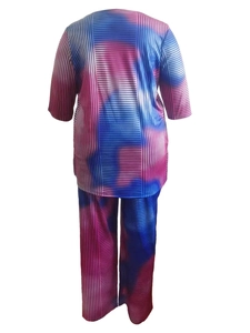 Back view of loose two-piece women set with blue and pink tie-dye and black stripes