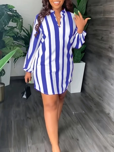 Blue and white striped long sleeve shirt dress with puff sleeves and V-neck for women