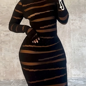Femmes Grande Taille Sexy Maille Rayée Robe Longue Moulante Manches Longues Col Rond Transparent Fête Célébrité Club Robe Longue