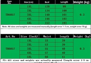 Size chart detail for loose fashion dress showing measurements from 1XL to 5XL in cm and inches