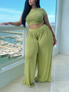 Avocado green two-piece set featuring short top and high waist wide leg pants for women
