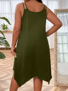 Olive green loose camisole dress with double straps and irregular hem from back view