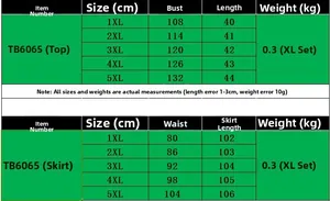Size chart for women's two-piece plus size set with detailed top and skirt measurements