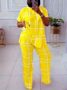 Vibrant yellow and white checkered two-piece set with short sleeve top and wide-leg pants