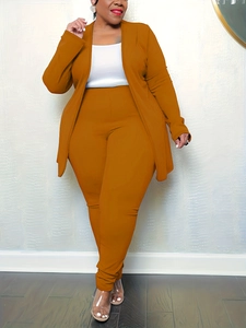 Women's minimalist caramel casual two-piece set featuring V-neck cardigan and slim trousers
