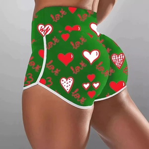 Women's high waist green shorts with red heart print and love pattern detail