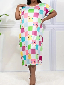 Women's Plus Size Colorful Checkerboard Heart Print Short Sleeve Round Neck Casual Loungewear Nightgown Dress