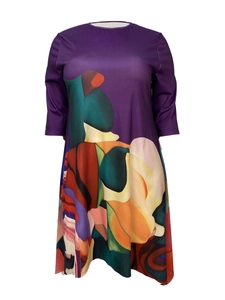 Detail of A-line midi dress with colorful abstract art print and purple satin sleeves