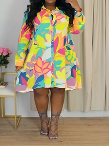Women Plus Size Tropical Floral Print Long Sleeve Shirt Dress Casual Lapel Button Down Vacation Loose Midi Dress