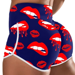 Women high waisted navy blue sports shorts with red lip prints and white piping trim