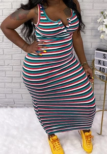 Detail of colorful striped knit maxi dress featuring a buttoned Henley neck and ribbed texture