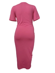 Deep pink short sleeve bodycon midi dress for women featuring a slim fit back view