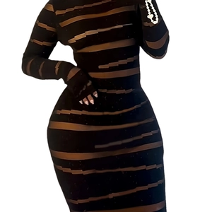 Robe moulante sexy à manches longues avec motif à rayures irrégulières marron et noir